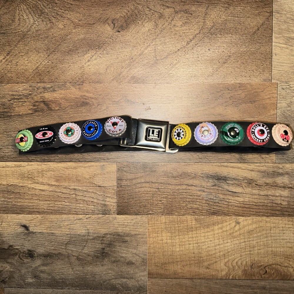 Little Earth 90's VTG Seatbelt Bottle Cap Belt Size 32" Adjusts Stretchy